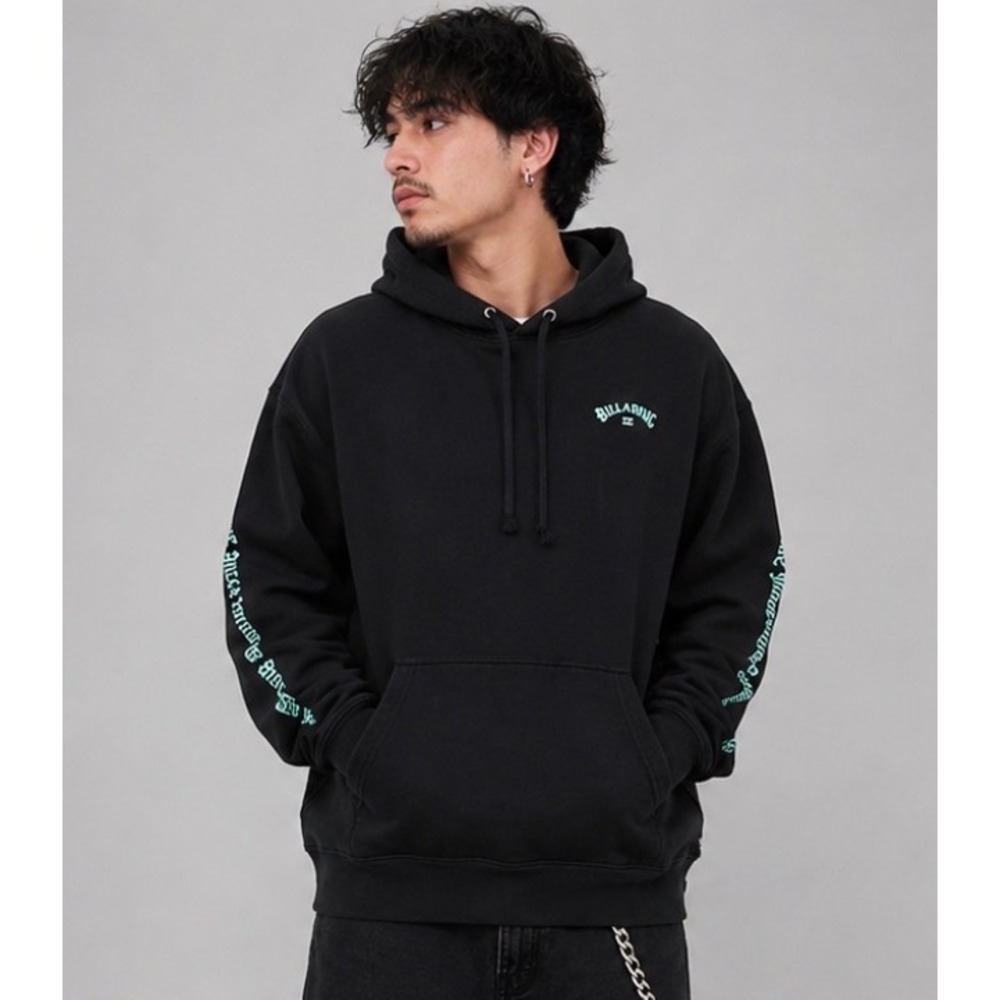 Billabong Hoodie Mens Large Black Pullover Teal Spellout Sleeve Graphic Skate